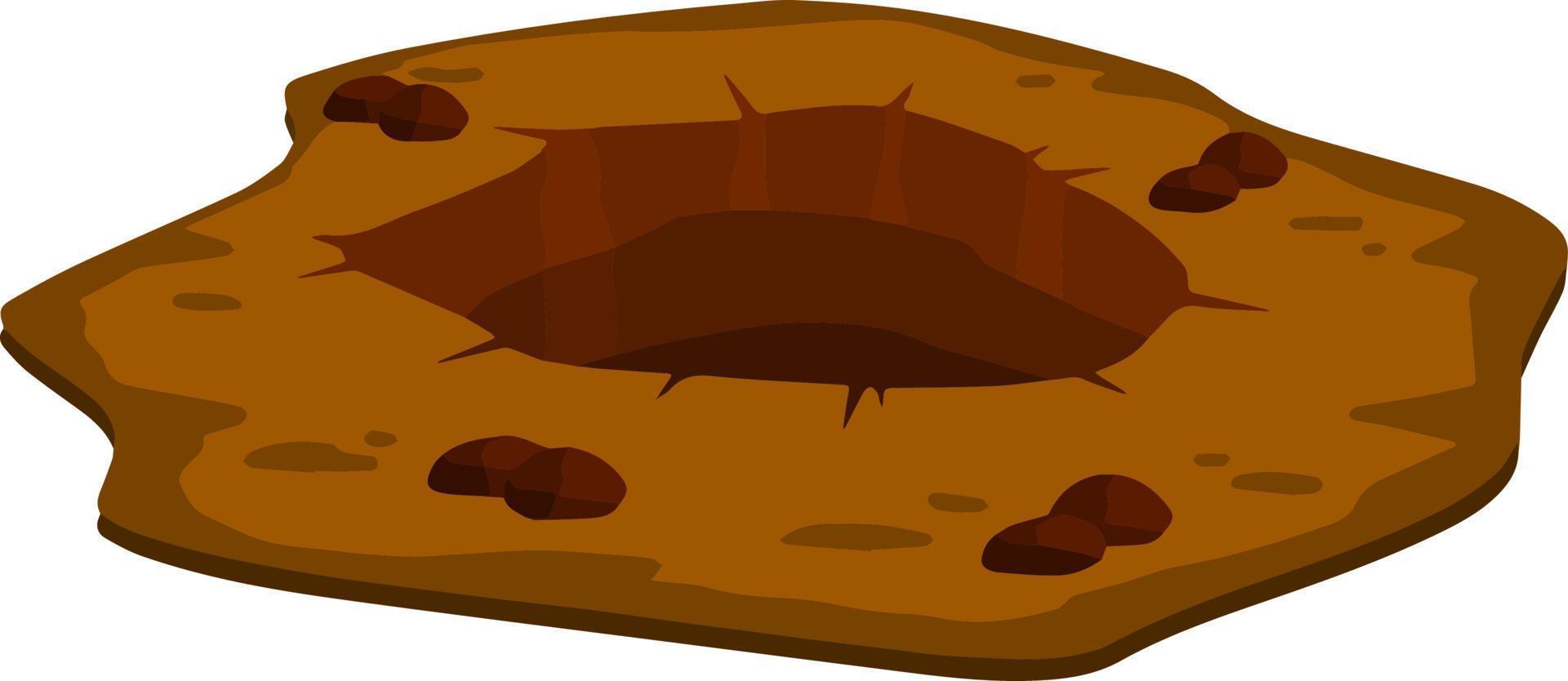 Big hole in ground. Brown dry soil and mine. Element of desert landscape. Cartoon illustration vector