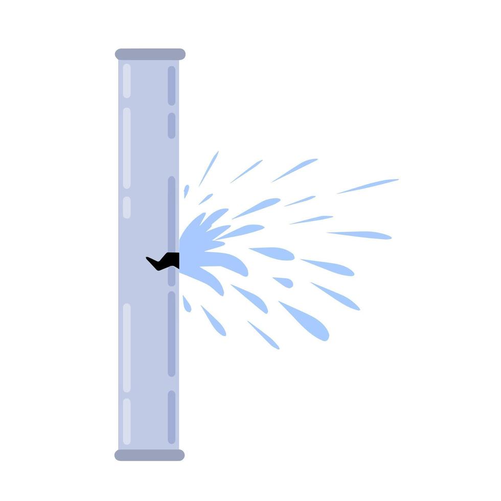 Leak in water pipe. Plumber service. Broken sewer and water supply. Splashes and puddle. Crack in tube. Flat cartoon vector