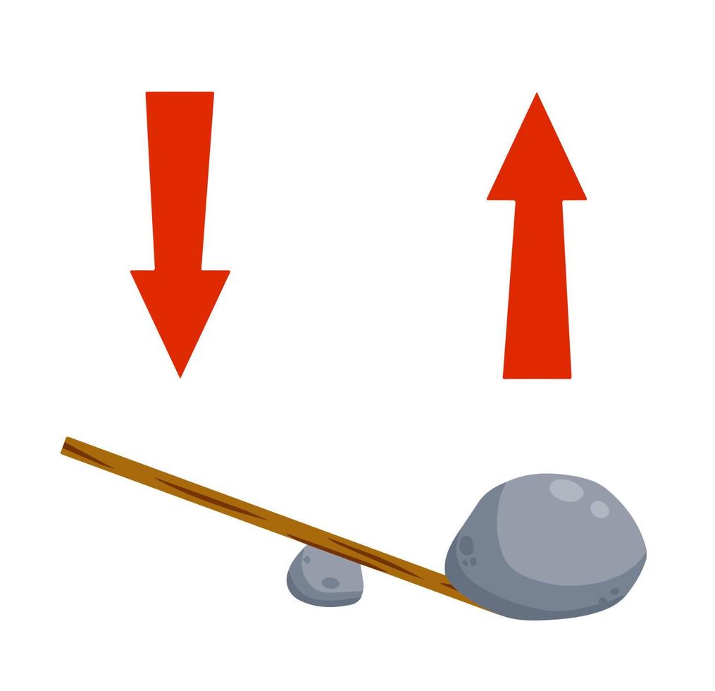 Lever of stick with stone. Lifting heavy cobblestone. Moving the boulder. Balancing and leverage. Flat cartoon with red arrow vector