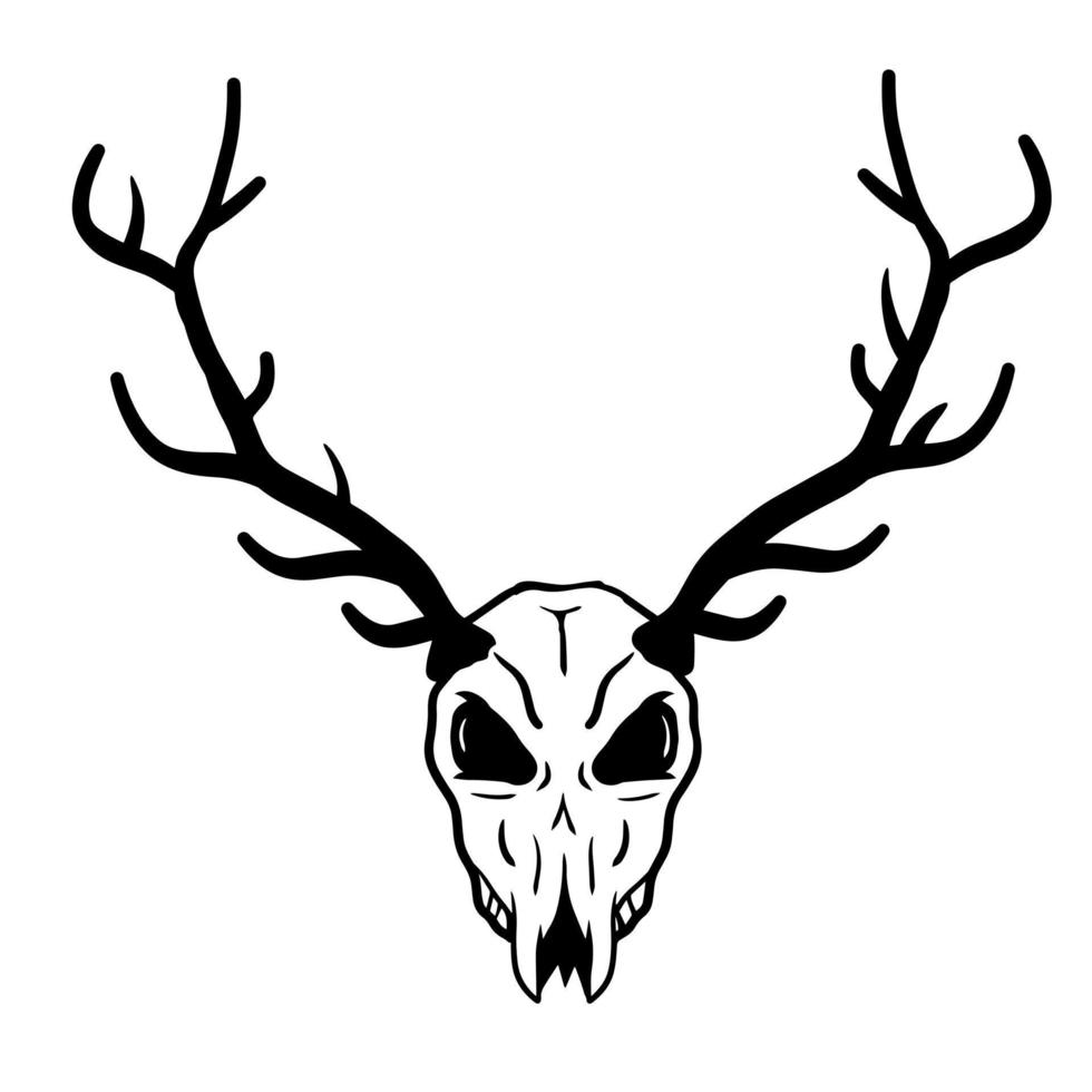 cráneo de ciervo. trofeo de caza con cuernos. asta de ciervo o reno. dibujo aterrador en blanco y negro para halloween. ilustración de dibujos animados aislado en blanco vector