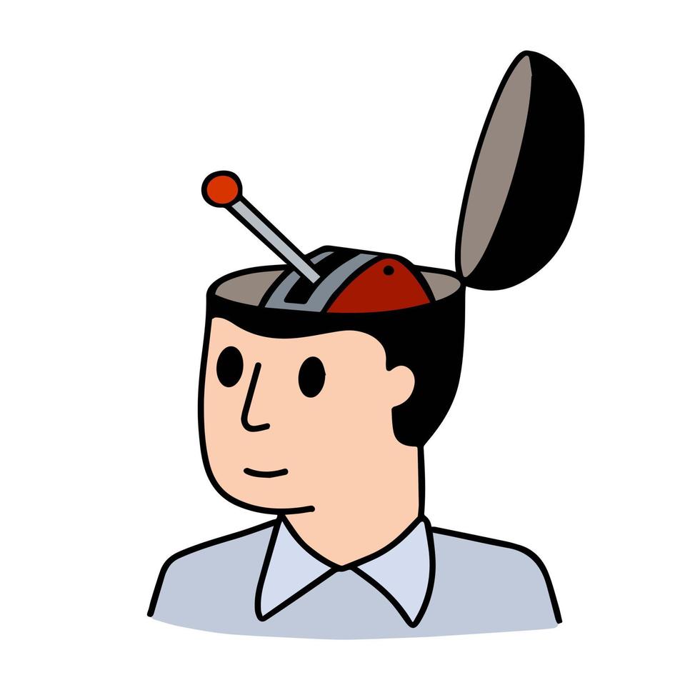 Lever in man head. Psychological concept of switching problems, emotions and productive state. Mechanical handbrake in person mind. Outline cartoon vector