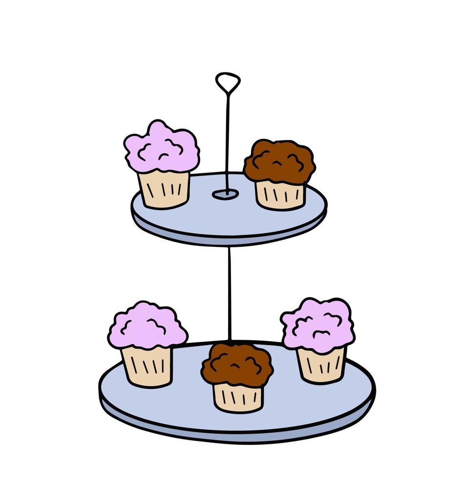 Two-tier serving tray with cupcakes. Plate with sweet dessert. Chocolate brownies. Sketch doodle illustration vector