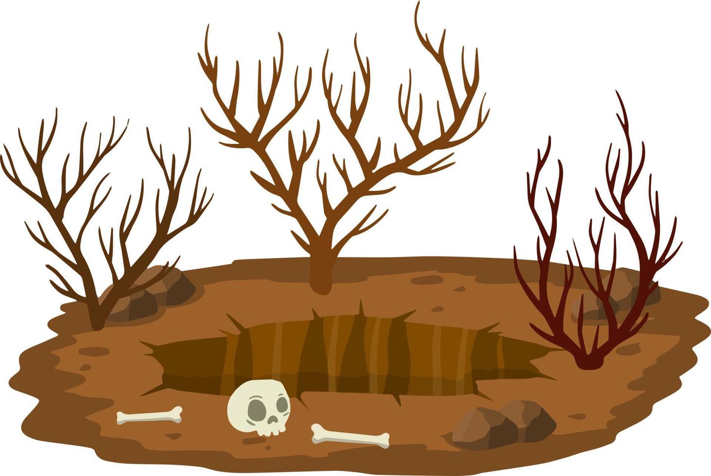 Big hole in ground. Brown dry soil and mine with skull. Human bone. vector