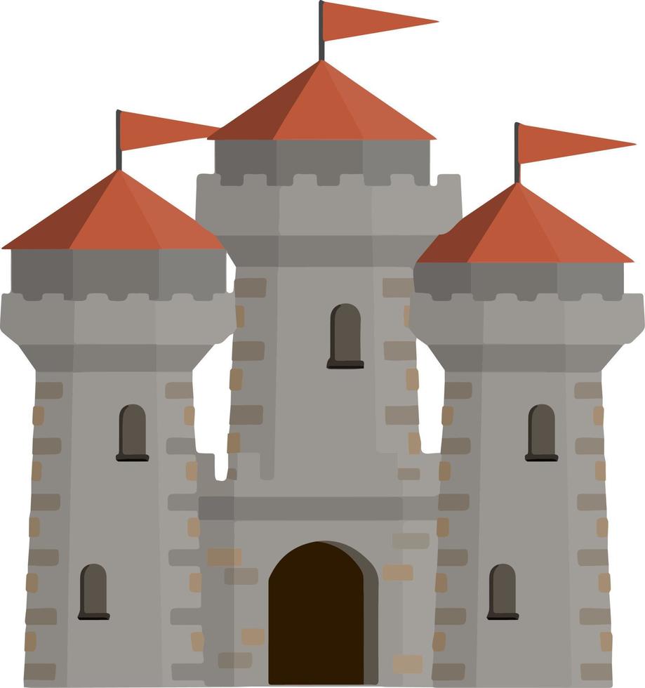 castillo de piedra europeo medieval. fortaleza del caballero. concepto de seguridad, protección y defensa. ilustración plana de dibujos animados. edificio militar con murallas, puertas y gran torre. vector