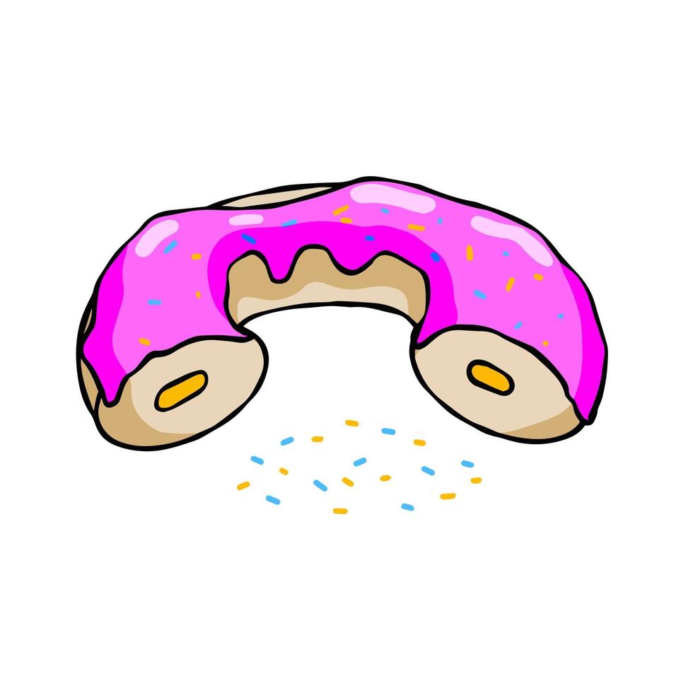 Donut with pink glaze. Sweet sugar dessert with icing. Outline cartoon illustration isolated on white background vector