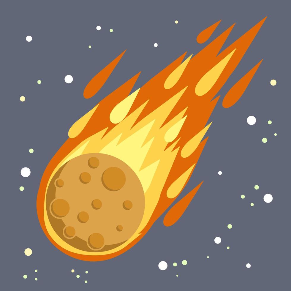 meteoro con estela de fuego. objeto espacial peligroso. cometa con cola. objeto celeste volando en el cielo. estrellas y astronomía. ilustración plana de dibujos animados. gran asteroide vector