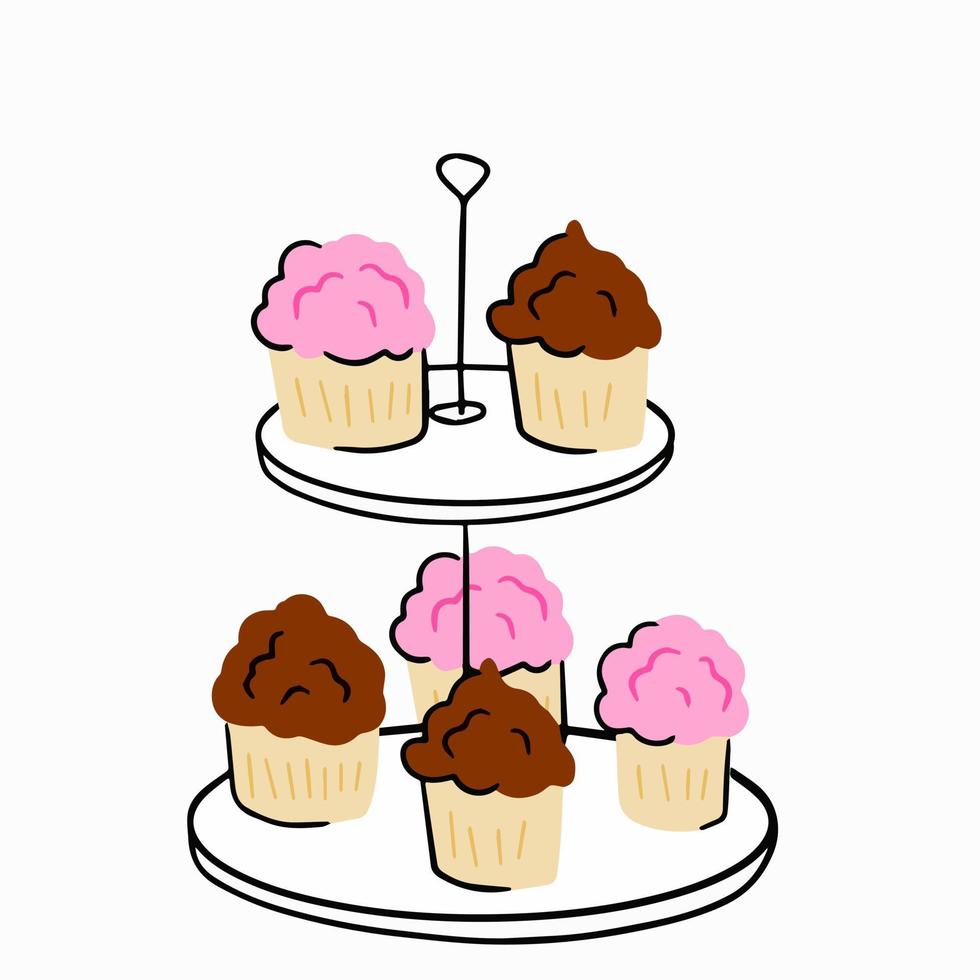 Two-tier serving tray with cupcakes. Plate with sweet dessert. Chocolate brownies. Sketch doodle illustration vector