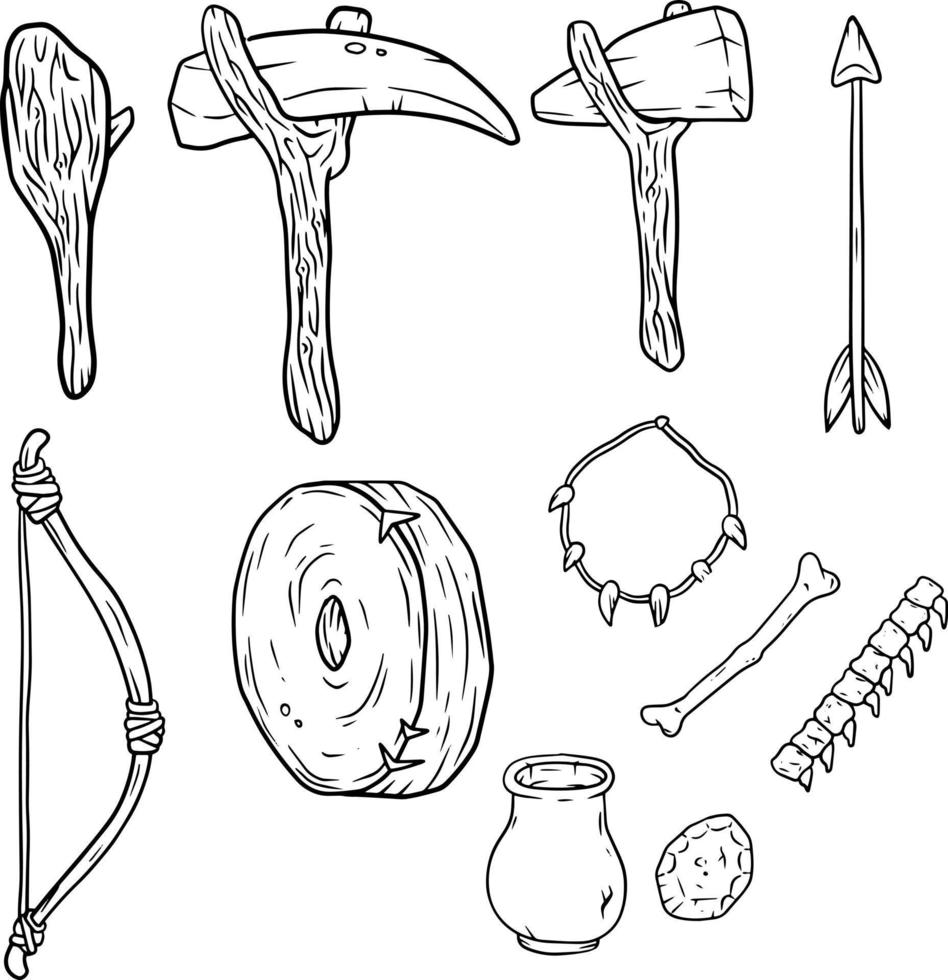 Set of items of primitive man and hunter. Weapons of caveman. Stone age hammer, axe and club. Lifestyle and tool. Cartoon illustration vector