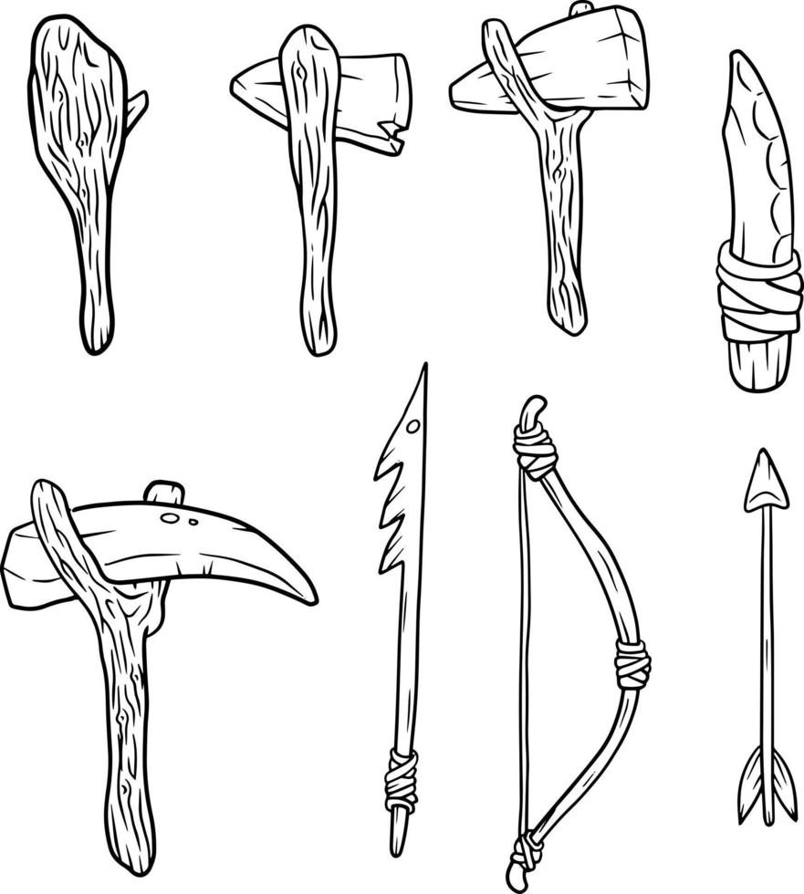 Set of items of primitive man and hunter. Weapons of caveman. Stone age hammer, axe and club. Lifestyle and tool. Cartoon illustration vector