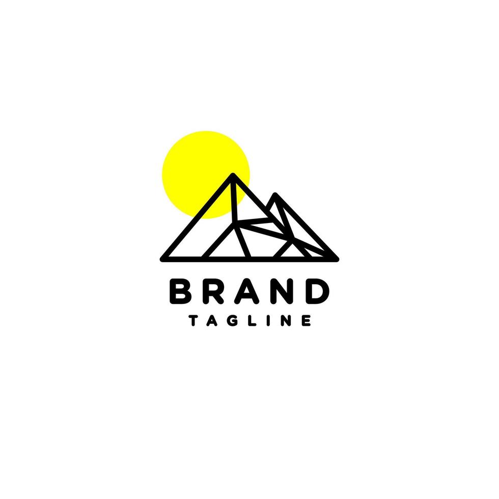 Mountain Lines with Sun accents. Logo template about challenging outdoors illustrates mountains in present geometry lines. vector