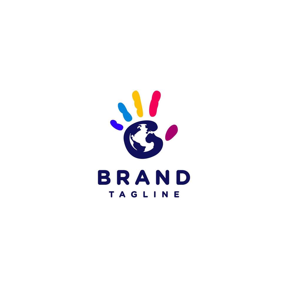 Earth in Children's Handprint Logo Design. Simple colorful handprinted logo design of a little boy with planet earth in the center. vector