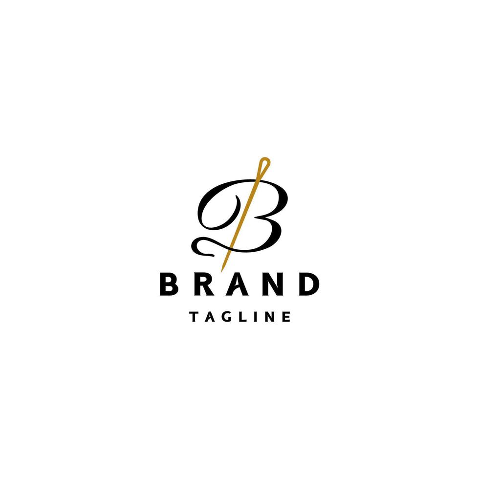 Clothing boutique or fabric store logo design with gold needle icon and script letter B. Letter B and Classic Needle Logo Design. vector