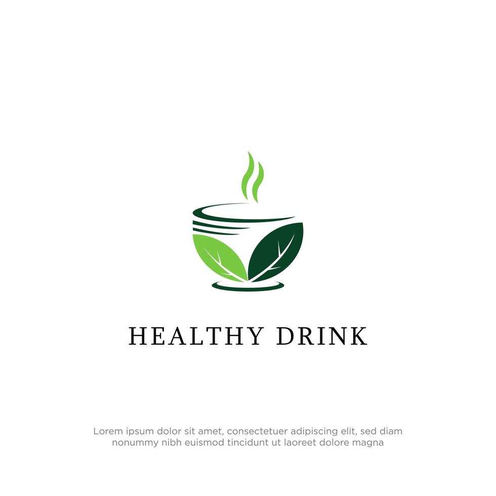Fresh Healthy drink logo design vector, cup with leaf and smoke flat design template vector