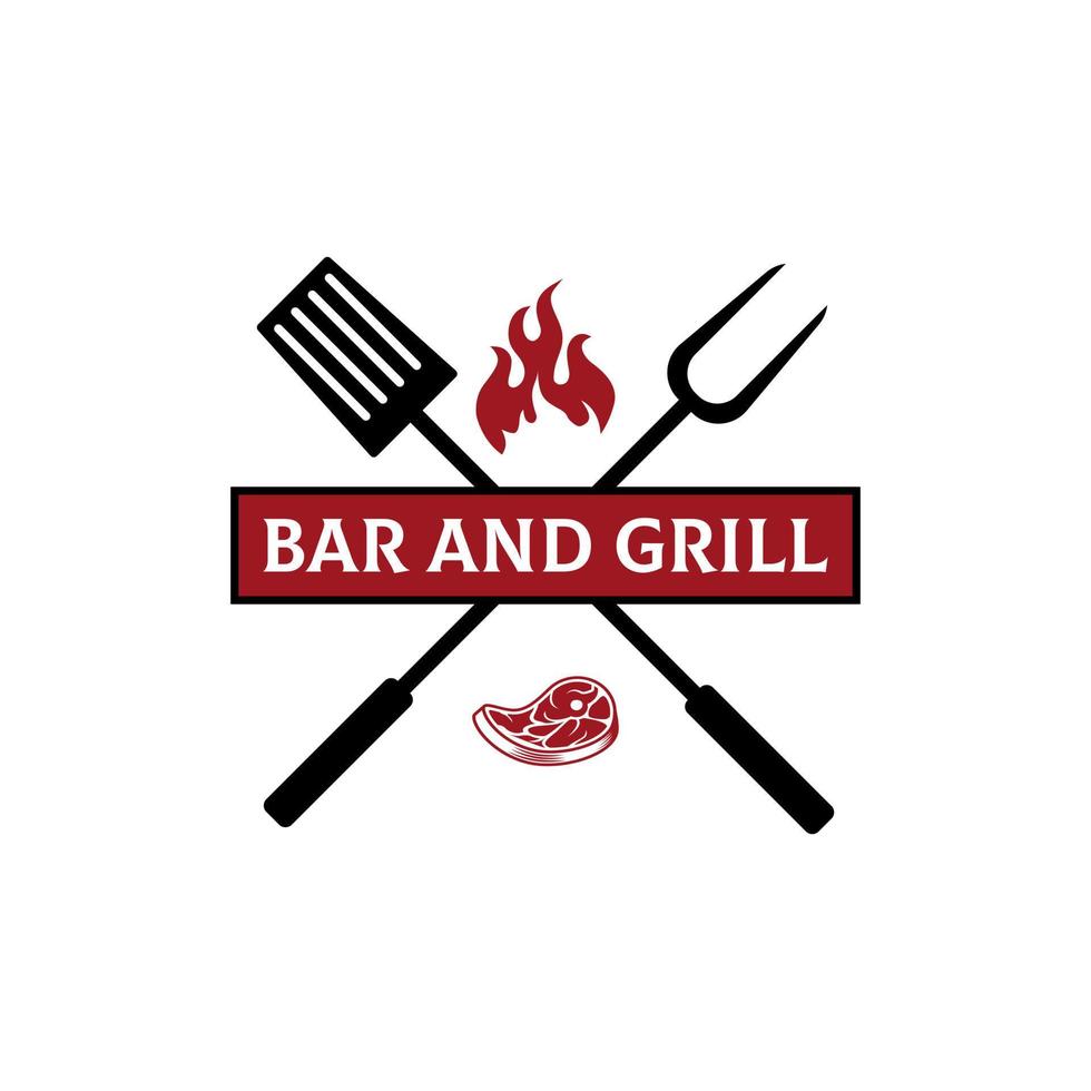 bar y parrilla restaurante logo diseño, parrilla y bar con fuego, carne, parrilla tenedor y espátula vector