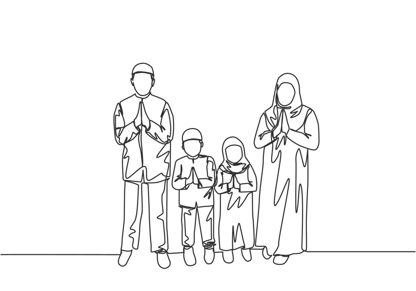 Eid Mubarak greeting card, poster and banner design background. Single continuous line drawing of muslim Arabian family - mom, dad and two kids. Eid Al Fitr one line draw vector illustration