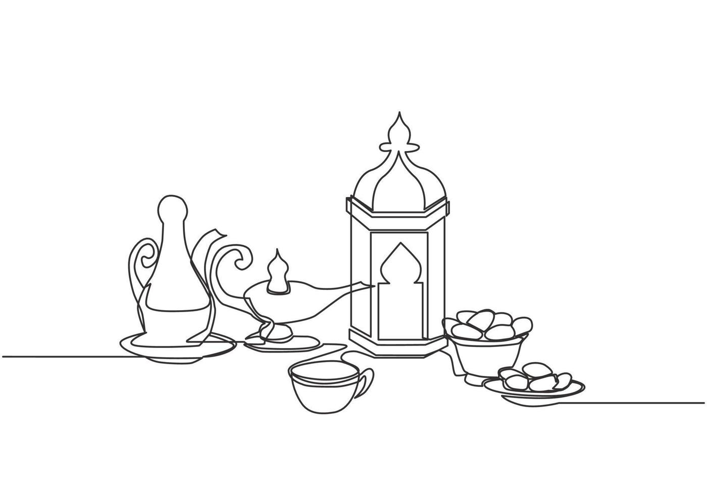 Ramadan Kareem greeting card, poster and banner design. One single line drawing of Islamic ornament lantern, glass, dates fruit, food, drink and teapot. Continuous line draw vector illustration