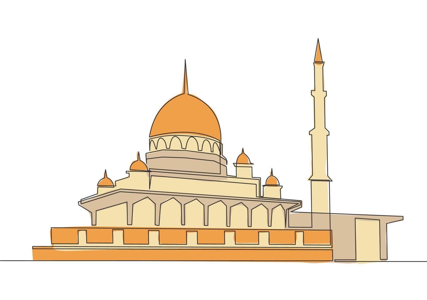 One continuous line drawing of Islamic historical landmark masjid or mosque. The ancient building that works as a place of worship for muslim person concept single line draw design vector illustration