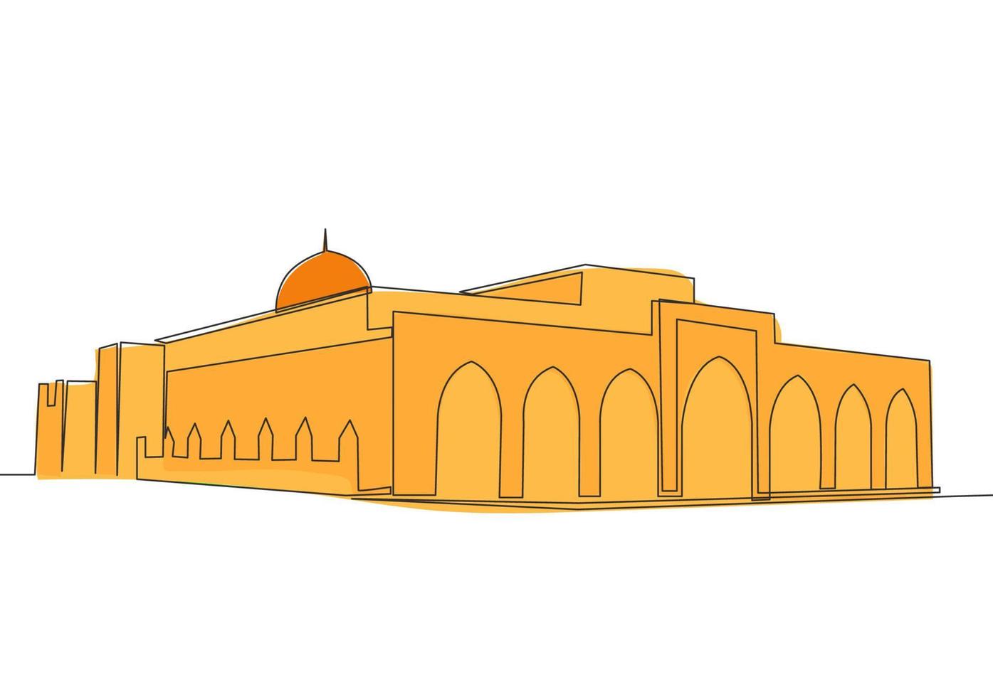 One single line drawing of Islamic historical landmark masjid or mosque Jami Al Aqsa. Holy place to prayer for Islam people concept continuous line draw design vector illustration