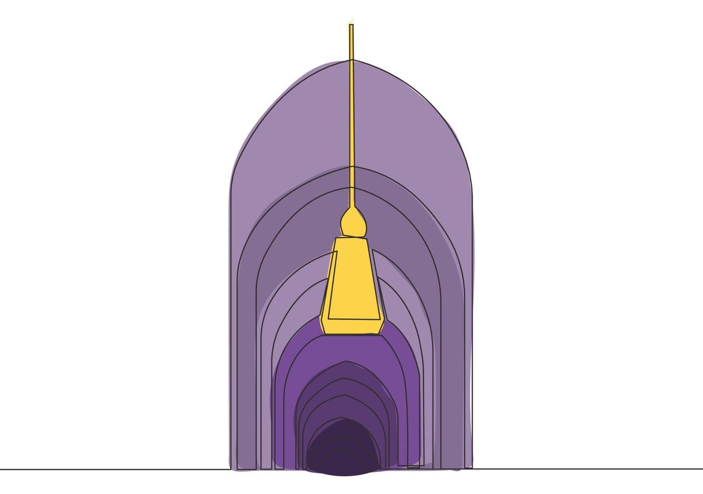 One single line drawing of Islamic historical dome masjid or mosque ornament decoration. Holy place to prayer for Islam people concept continuous line draw design vector illustration