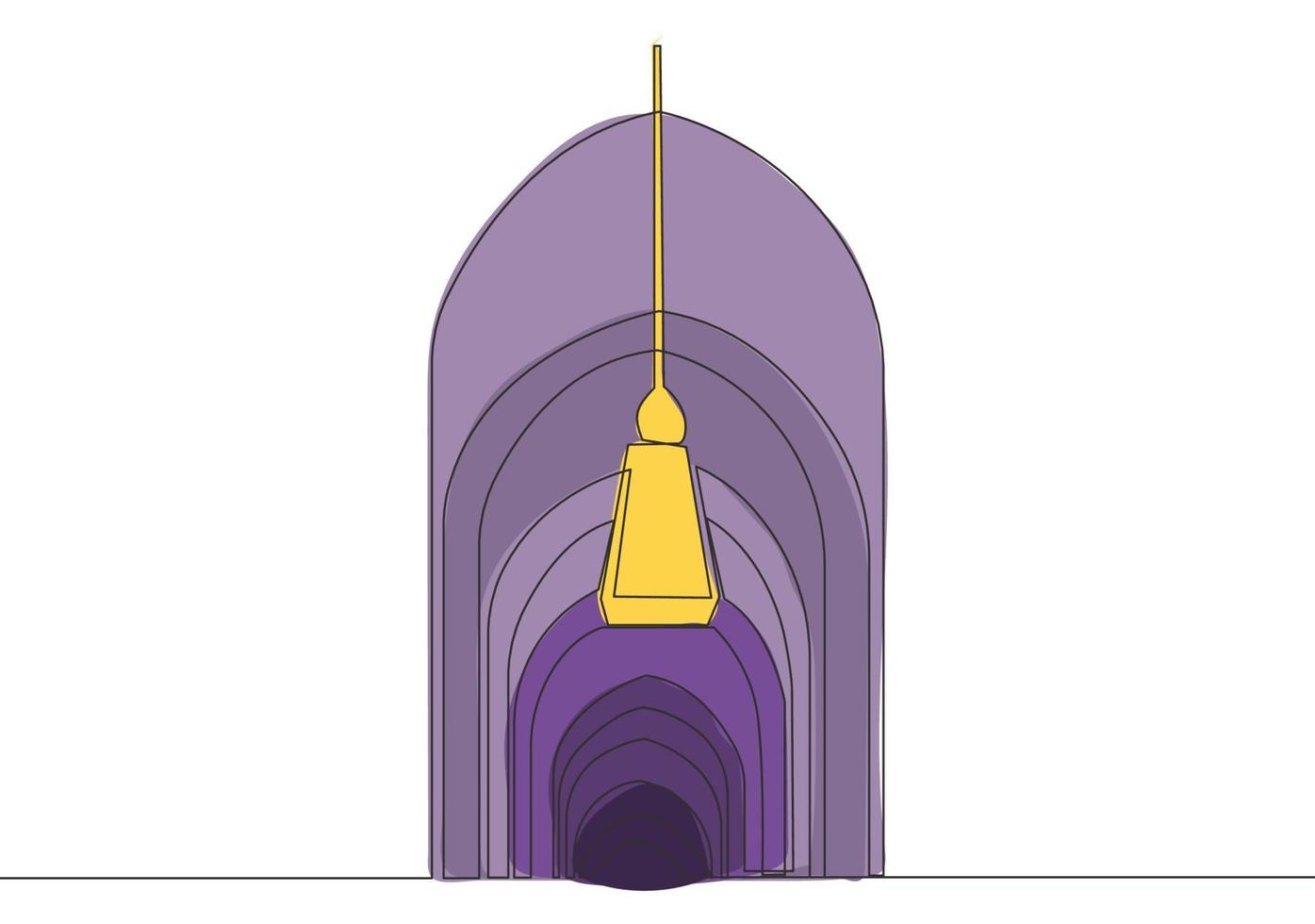 One single line drawing of Islamic historical dome masjid or mosque ornament decoration. Holy place to prayer for Islam people concept continuous line draw design vector illustration