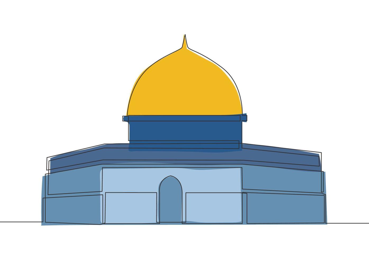 One continuous line drawing of Islamic historical landmark masjid or mosque Dome of the Rock. The ancient building that use as a place of worship for muslim single line draw design vector illustration