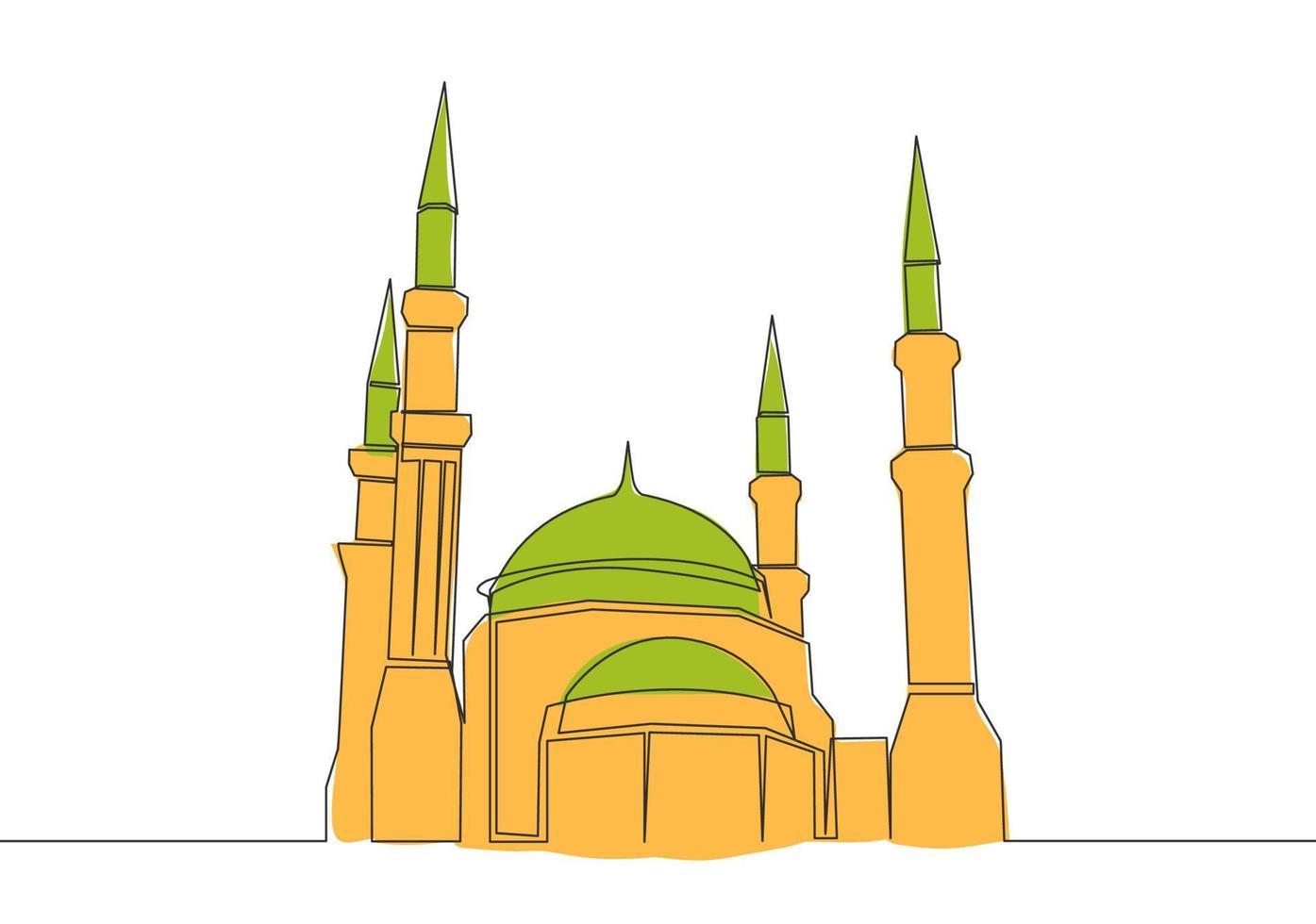 Single continuous line drawing of muslim historical landmark masjid or mosque. Historical construction use as a place of praying for Islamic person concept one line draw design vector illustration
