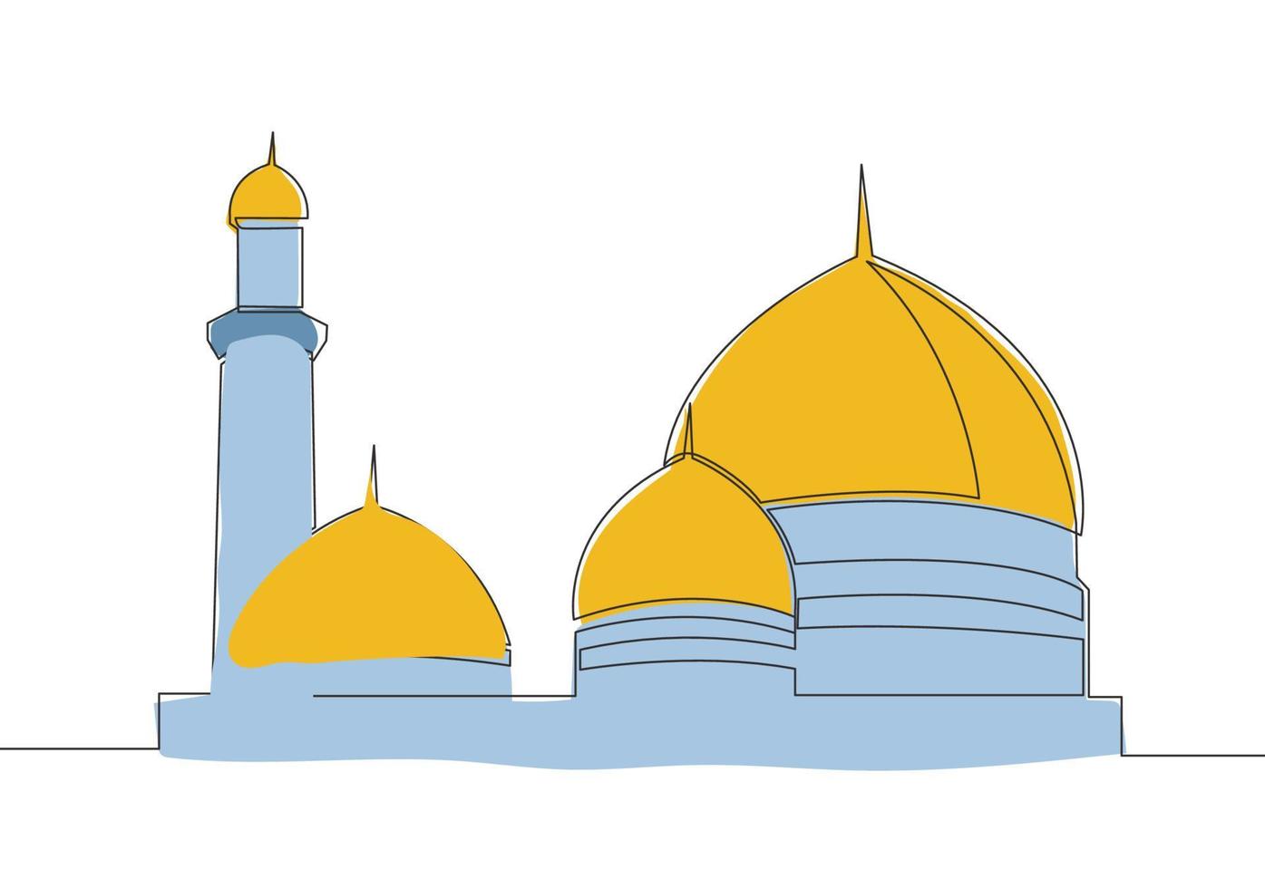 Single continuous line drawing of historical dome landmark mosque or masjid. Historical holy construction use as a place of praying for Islamic person concept one line draw design vector illustration