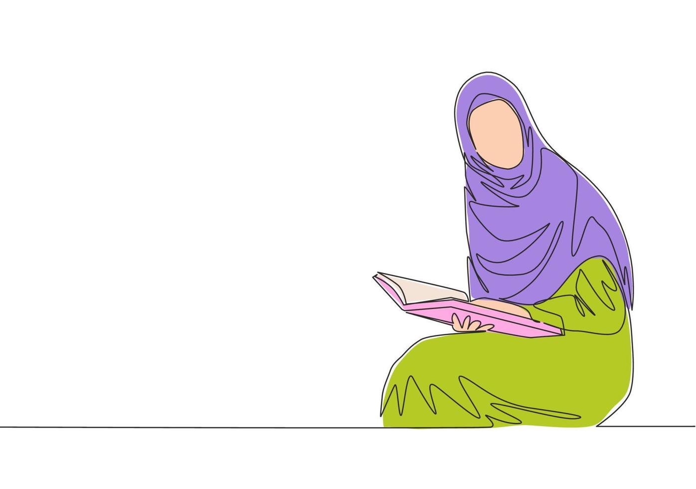 uno soltero línea dibujo de joven atractivo muslimah con Pañuelo leyendo libro a biblioteca. hermosa asiático mujer modelo en de moda hijab Moda concepto continuo línea dibujar diseño vector ilustración