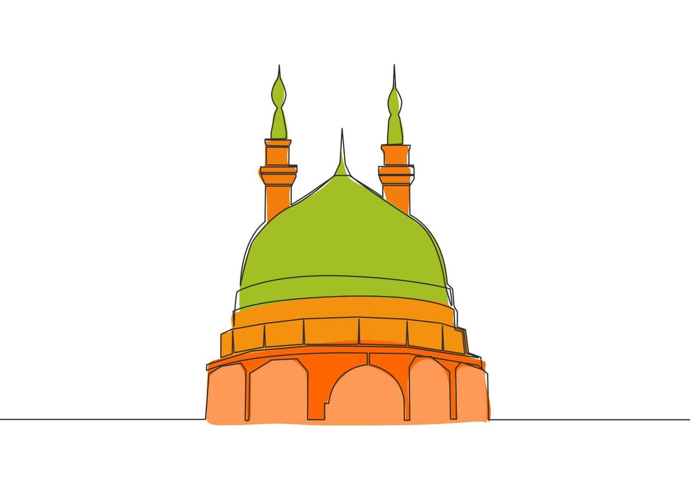 Single continuous line drawing of historical landmark mosque or masjid. Holy historical construction that use as a place of praying for Islamic person concept one line draw design vector illustration