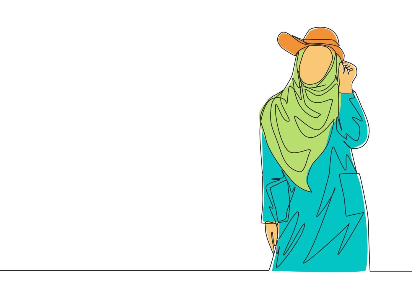 uno soltero línea dibujo de joven contento belleza muslimah vistiendo linda sombrero y actitud bien. hermosa asiático mujer modelo en de moda hijab Moda concepto continuo línea dibujar diseño vector ilustración