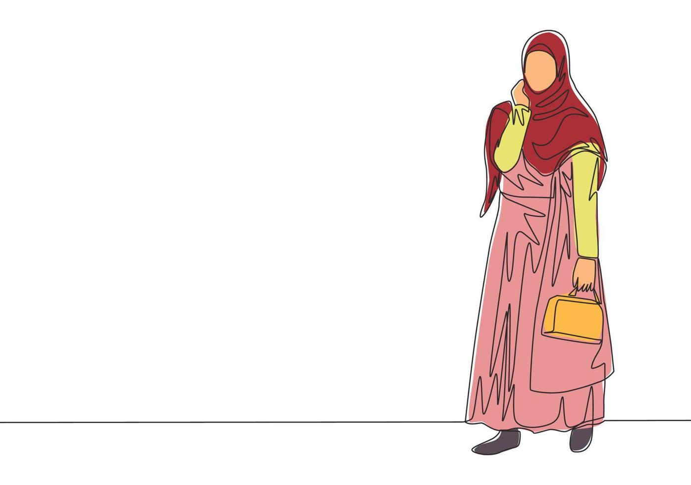 uno soltero línea dibujo de joven contento muslimah trayendo pequeño bolso y Vamos a compras. hermosa asiático mujer modelo en de moda hijab Moda concepto continuo línea dibujar diseño vector ilustración