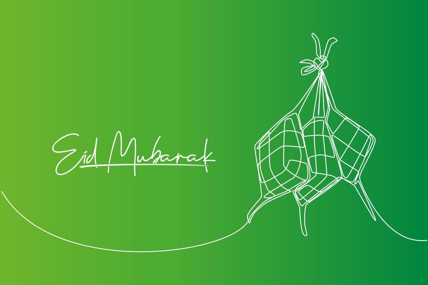 Eid Mubarak greeting card, poster and banner design. One continuous line drawing of ketupat, local rice dumpling food from Indonesia and Malaysia. Eid Al Fitr single line draw vector illustration