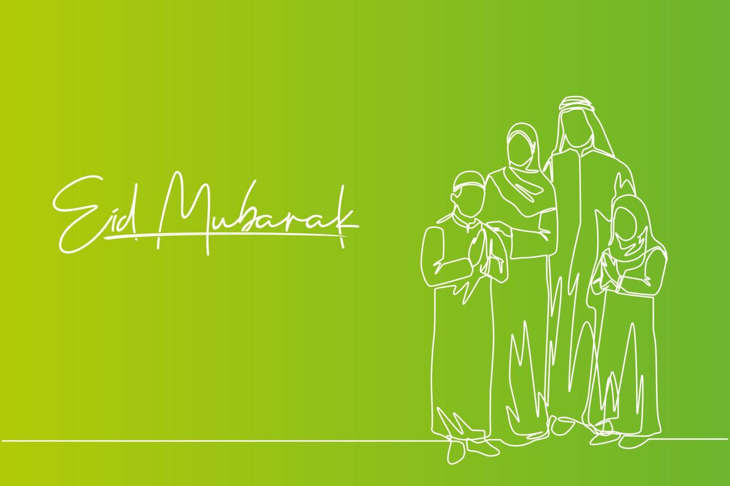 Eid Al Fitr Mubarak greeting card, banner and poster design. One continuous line drawing of muslim Arabian family - Islamic father, mother, daughter and son. Single line draw vector illustration