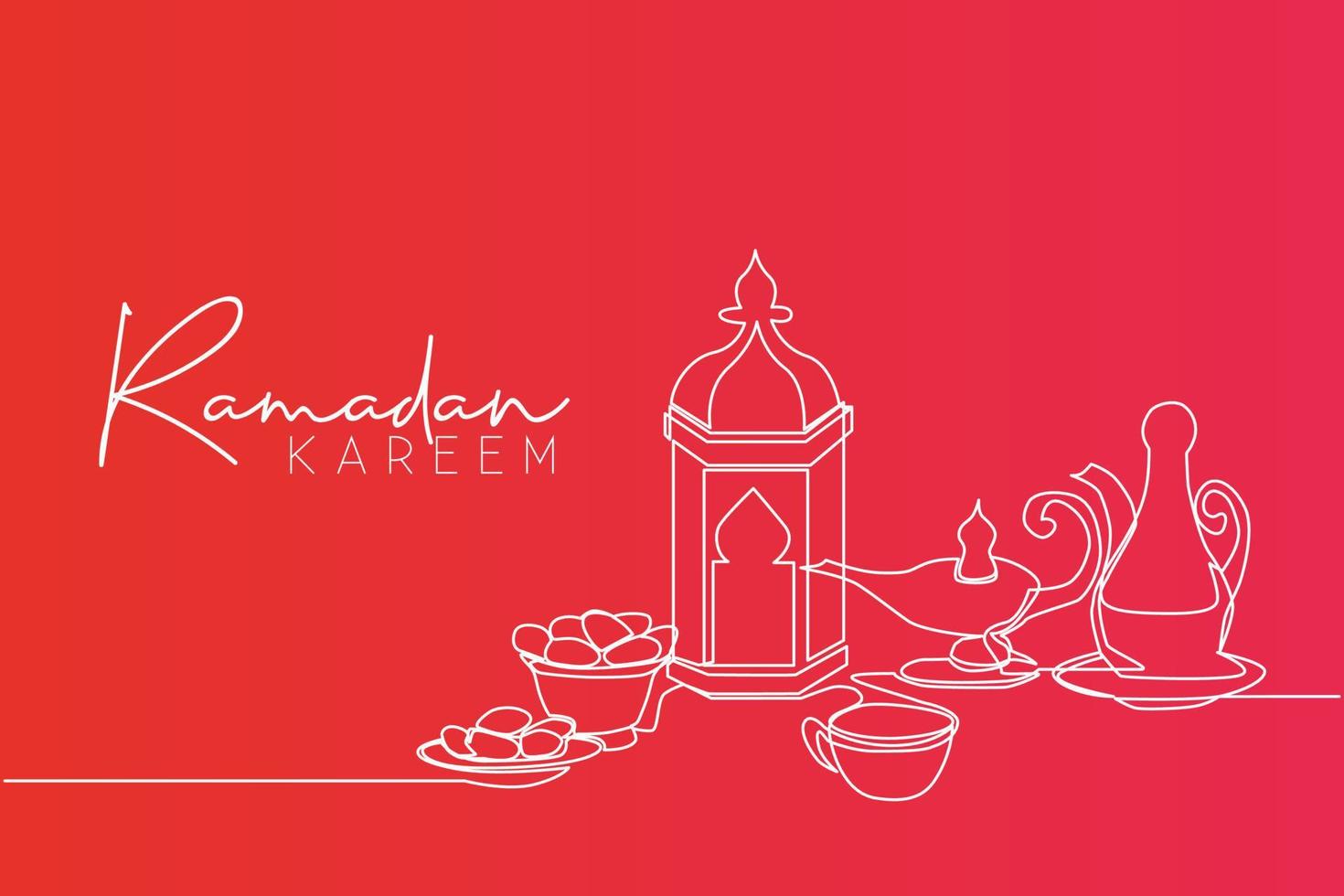 Ramadan Kareem greeting card, poster and banner design. One single line drawing of Islamic ornament lantern, glass, dates fruit, food, drink and teapot. Continuous line draw vector illustration