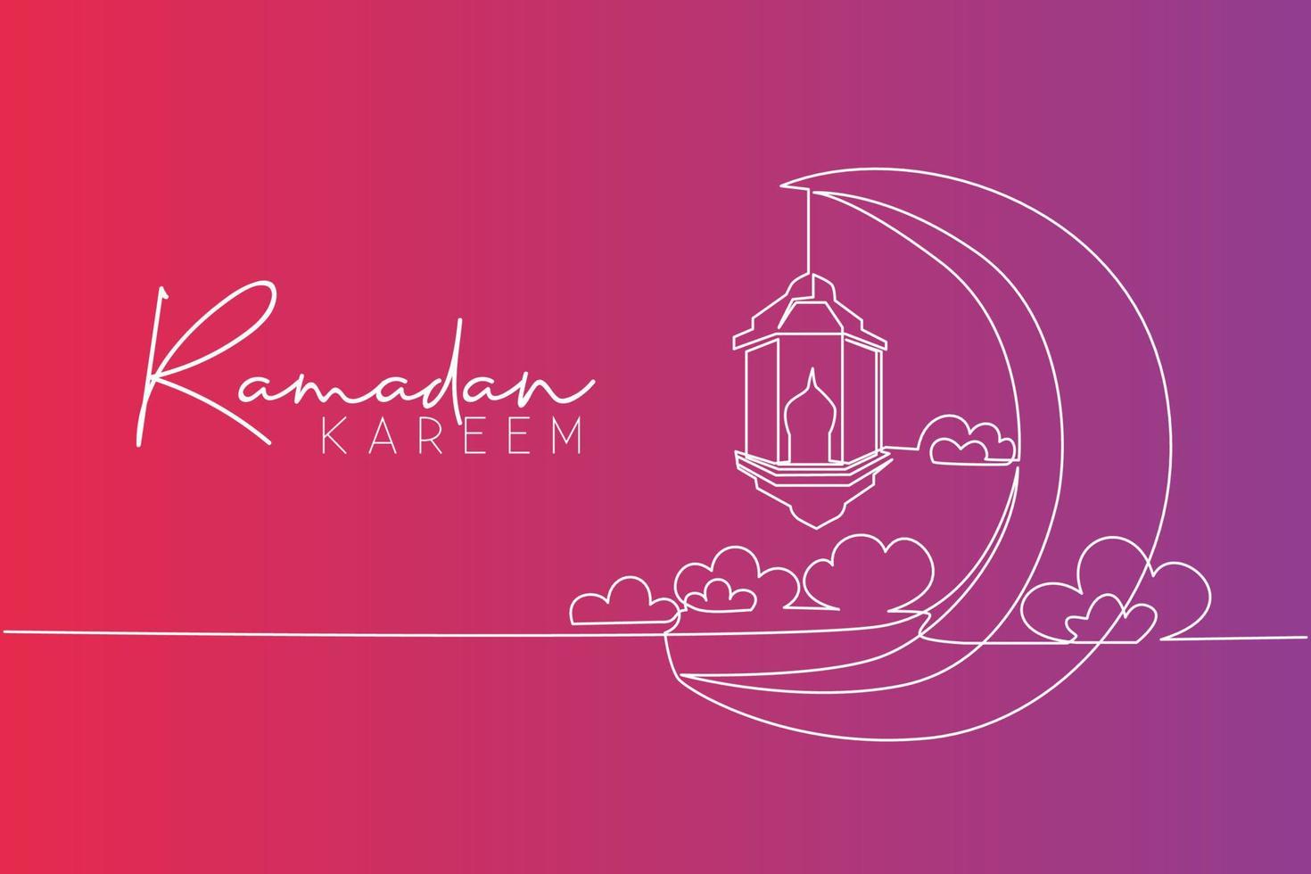 Ramadan Kareem greeting card, poster and banner design background. One continuous line drawing of Islamic ornament lantern lamp hanging on moon at cloudy sky. Single line draw vector illustration