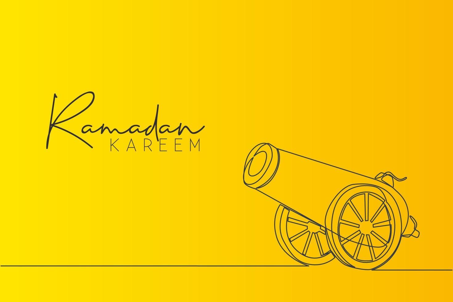 Ramadan Kareem greeting card, banner and poster design. One continuous line drawing of metal cannon ball aimed to the sky ready to shot with white background. Single line draw vector illustration