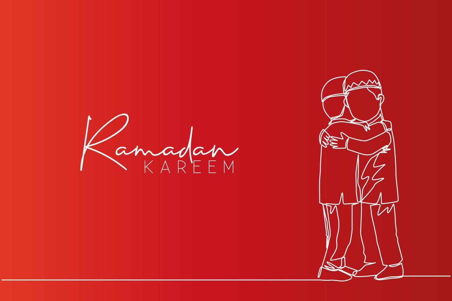 Ramadan Kareem greeting card, poster and banner design. One single line drawing of two young happy muslim boys hugging to forgive each other. Continuous line draw vector illustration