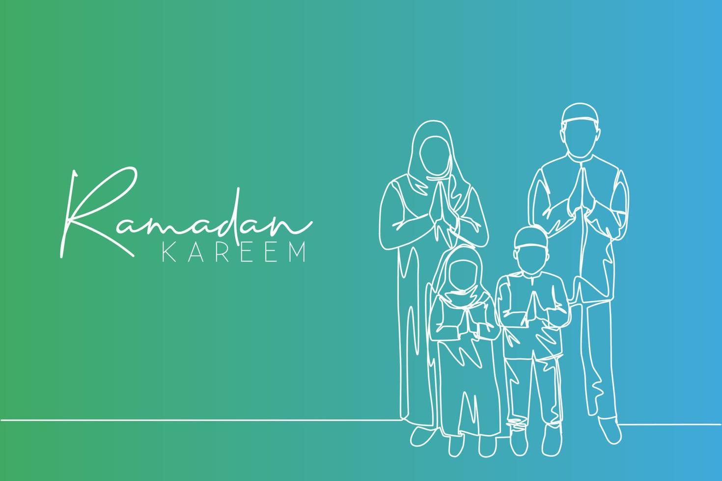 Ramadan Kareem greeting card, poster and banner design. One single line drawing of happy muslim Islamic family - father, mother, daughter and son. Eid Mubarak continuous line draw vector illustration