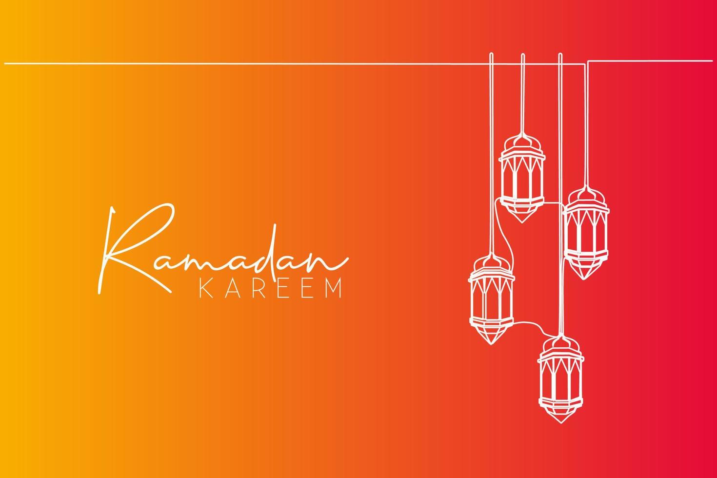 Ramadan Kareem greeting card, banner, and poster design. One single line drawing of Islamic lantern lamps ornament hanging on wire with white background. Continuous line draw vector illustration