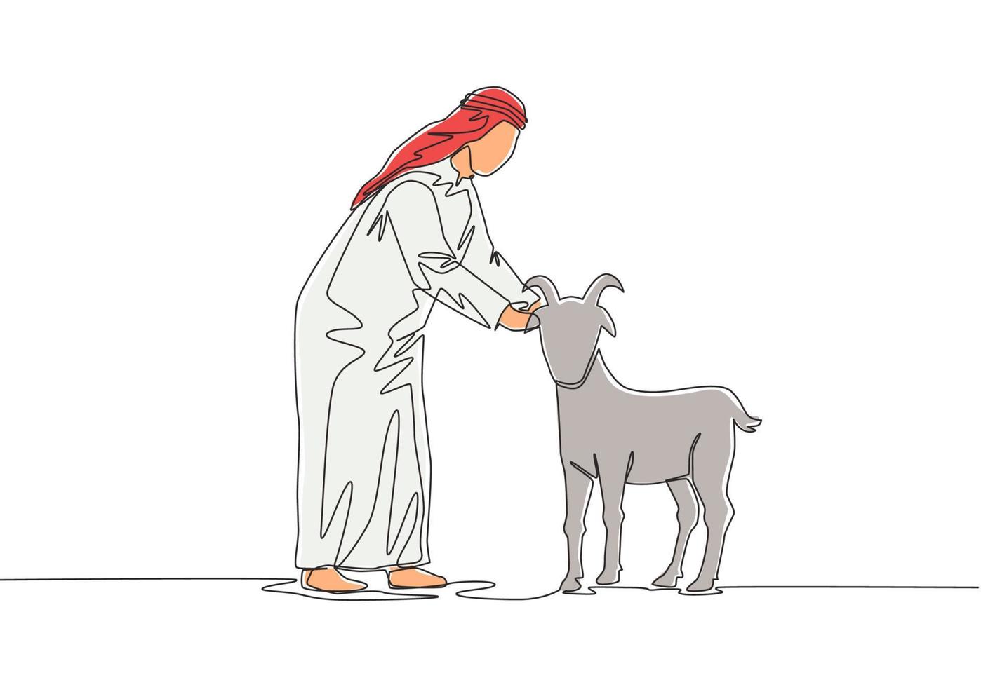 One continuous line drawing of young happy muslim holding a goat. Muslim holiday the sacrifice a sheep or goat to God, Eid al Adha greeting card concept single line draw design illustration vector