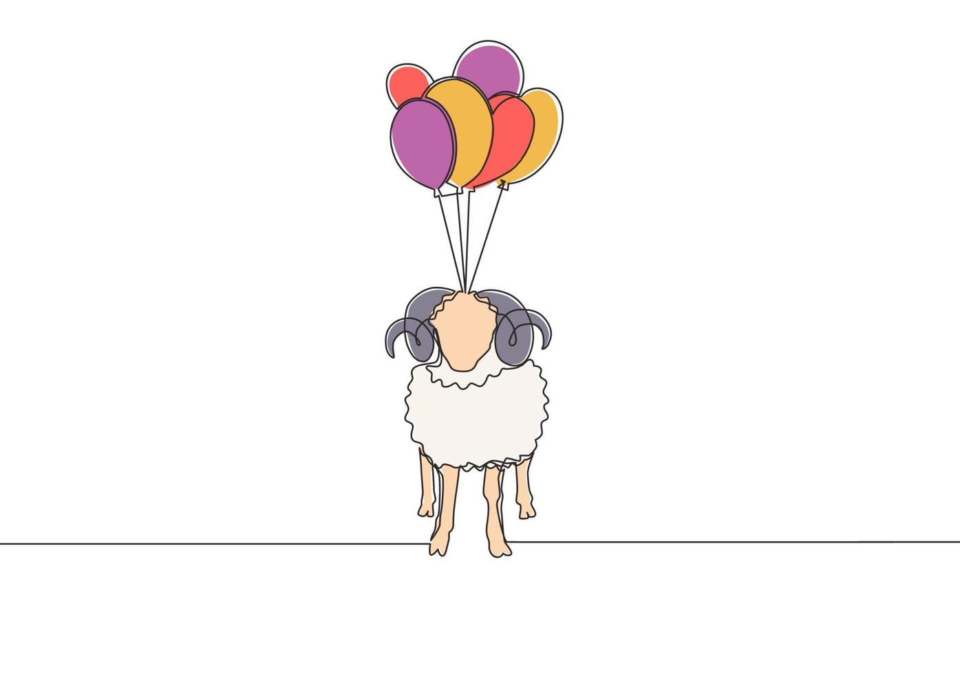 One single line drawing of sheep fly to the sky with balloons. Muslim holiday the sacrifice an animal to. God, Eid ul Adha greeting card concept continuous line draw design illustration vector