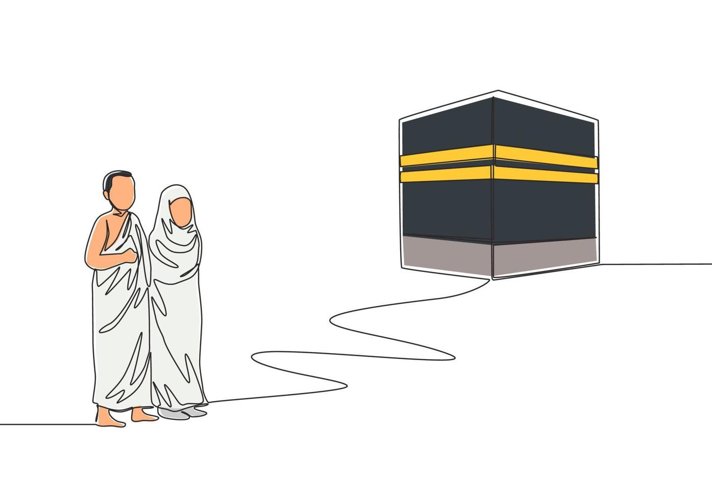 Single continuous line drawing of muslim and muslimah pilgrim walk to holy place Kaabah at Mecca, Saudi Arabia. Muslim holiday, Eid al Adha greeting card concept one line draw design illustration vector