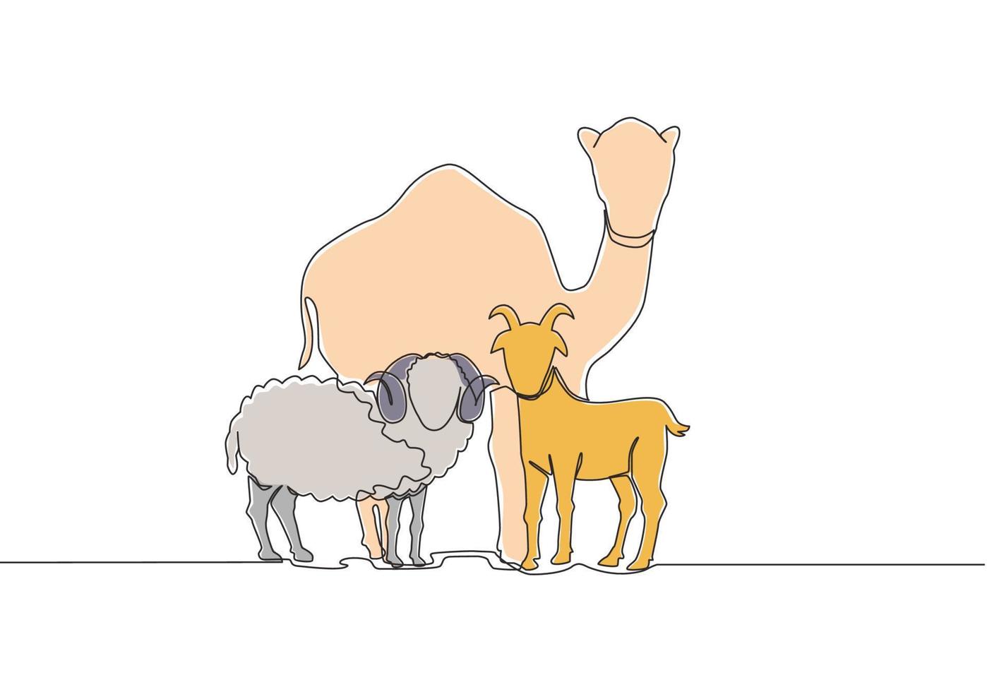 One continuous line drawing of sheep, camel and goat. Muslim holiday the sacrifice an animal to God, Eid al Adha greeting card concept single line draw design illustration vector