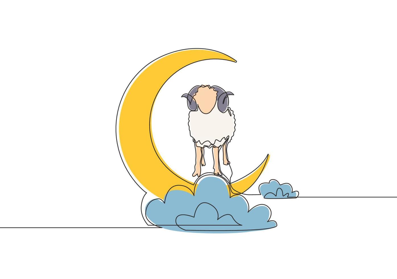 One continuous line drawing of sheep standing on moon at cloudy sky. Muslim holiday the sacrifice an animal to God, Eid ul Adha greeting card concept single line draw design illustration vector