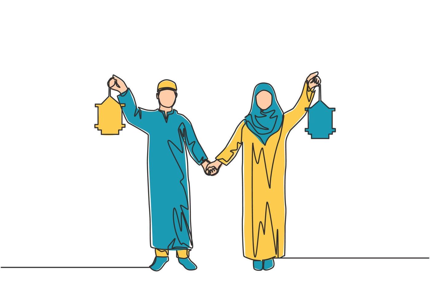 eid Mubarak póster, bandera y saludo tarjeta diseño soltero continuo línea dibujo de joven islámico musulmán muslimah Pareja participación manos y linterna lámpara. eid Alabama fitr uno línea dibujar vector ilustración