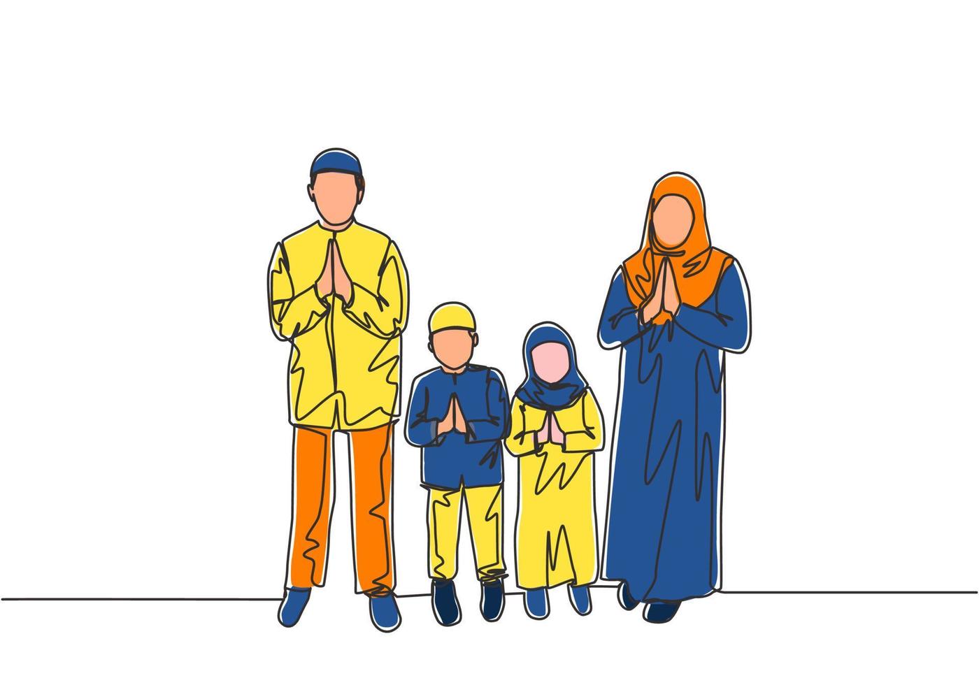 Eid Mubarak greeting card, poster and banner design background. Single continuous line drawing of muslim Arabian family - mom, dad and two kids. Eid Al Fitr one line draw vector illustration