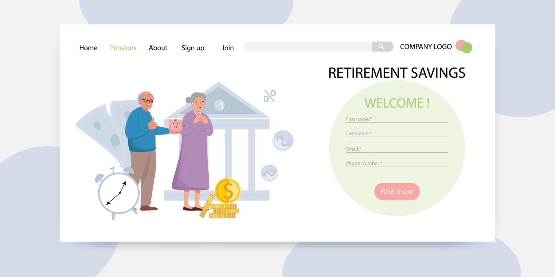 Landing page for retirement savings. Illustration of an elderly couple with a piggy bank. vector