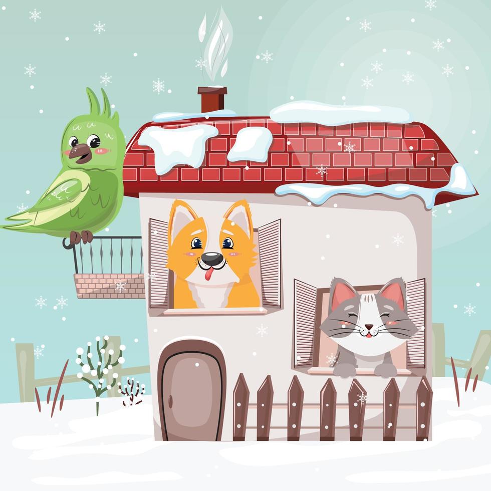 House with pets. Vector cartoon illustration with a dog, cat and bird.