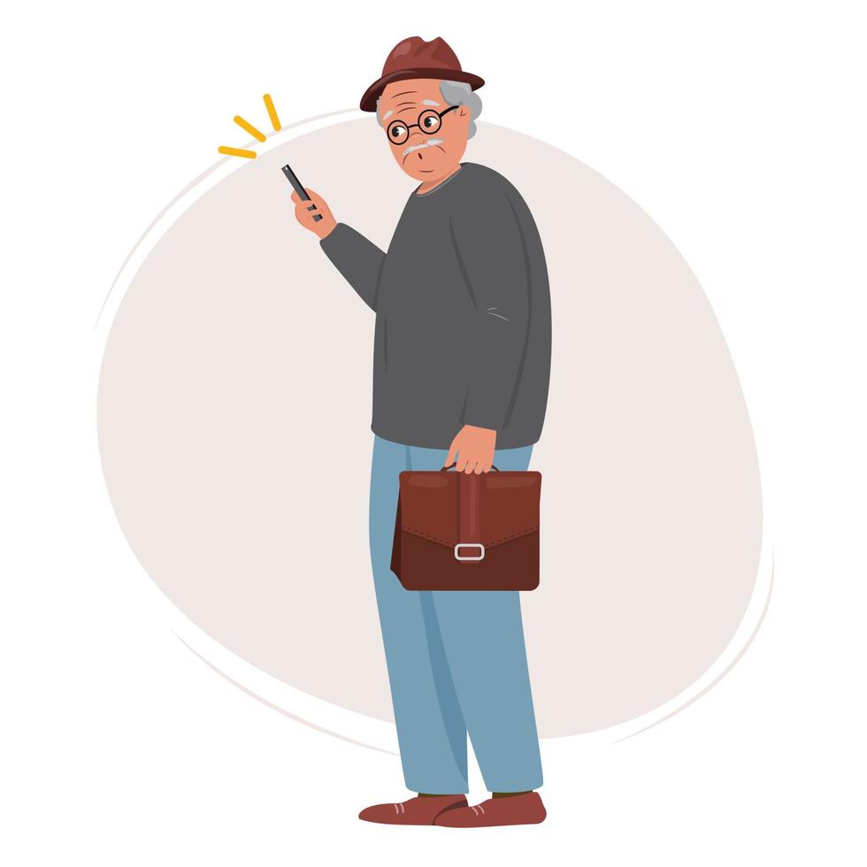 Elderly man confused with a cellphone. vector