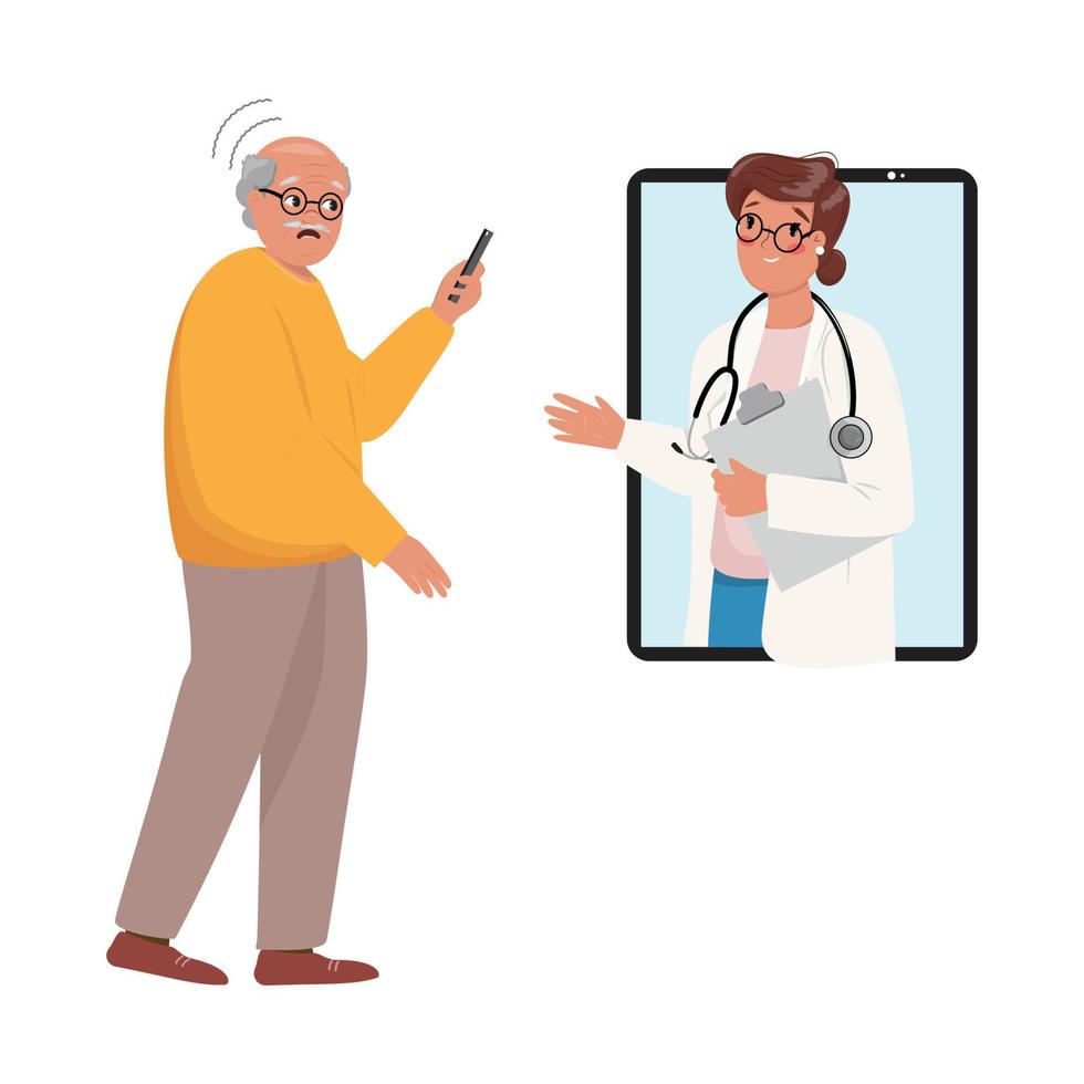 cuidado de la salud concepto ilustración de un mayor hombre vocación vía vídeo a el doctor. vector